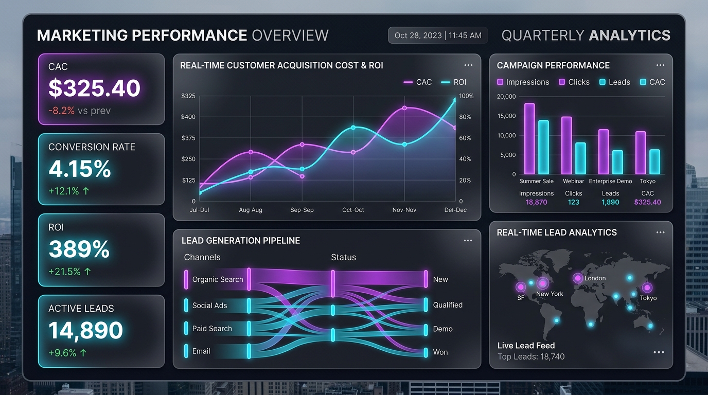 Performance marketing dashboard showing leads and ROI
